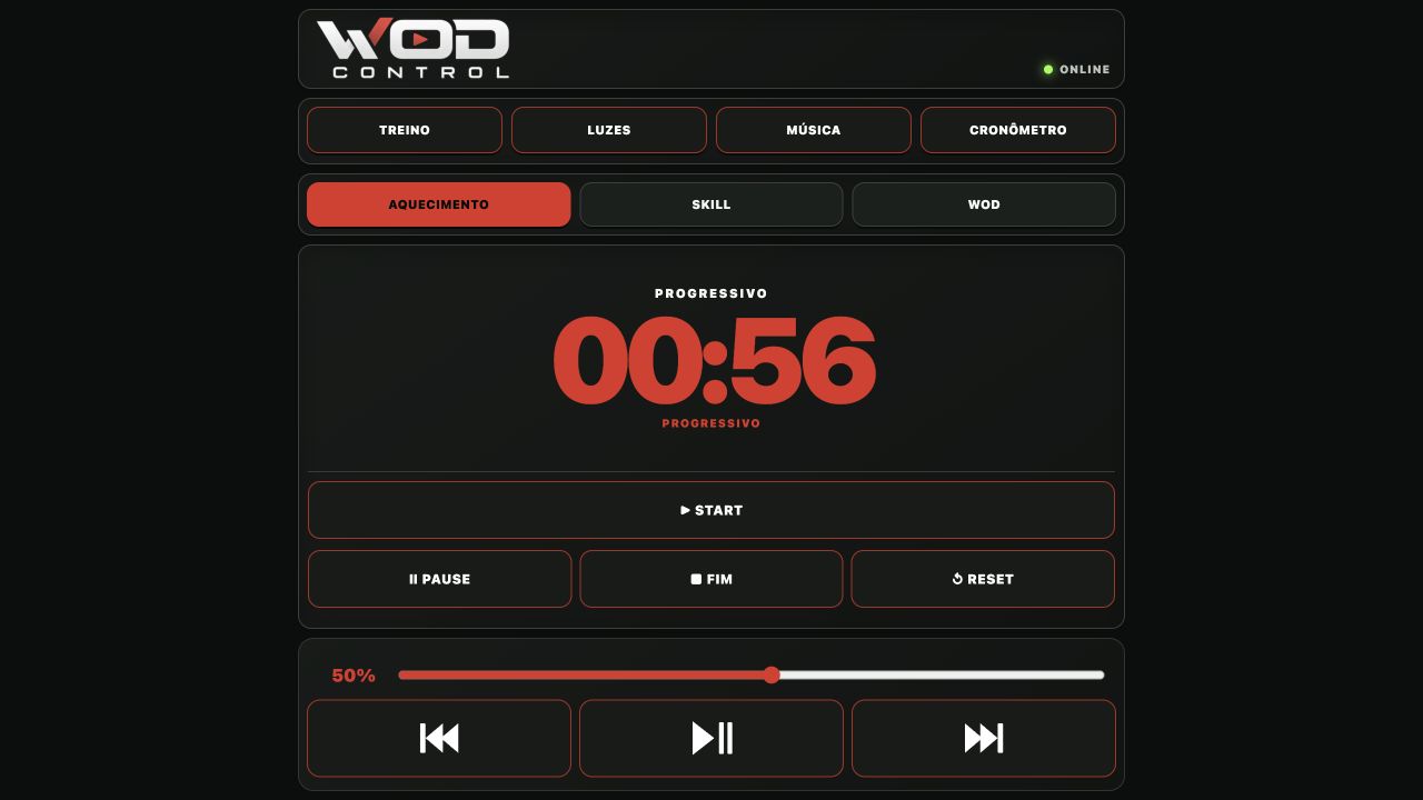 Controle do WOD Control aberto no celular