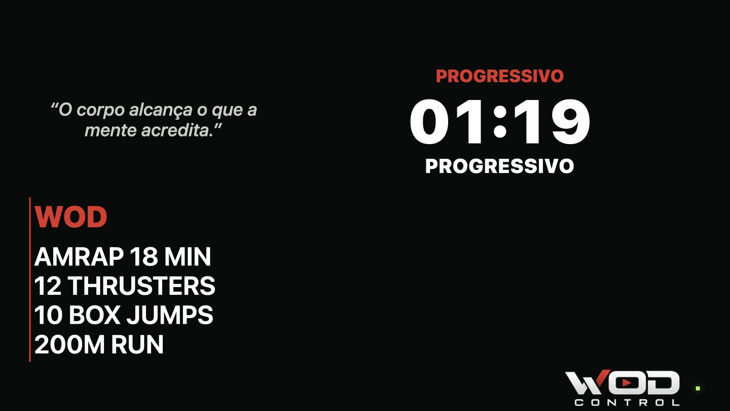 Tela da TV mostrando o WOD e o cronômetro